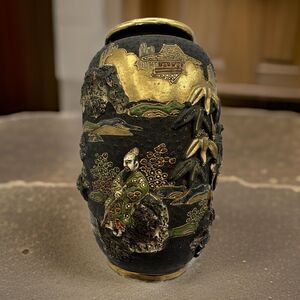 Antique Japanese Satsuma Vase with Gilded Enameled Raised Reliefs 8 inches